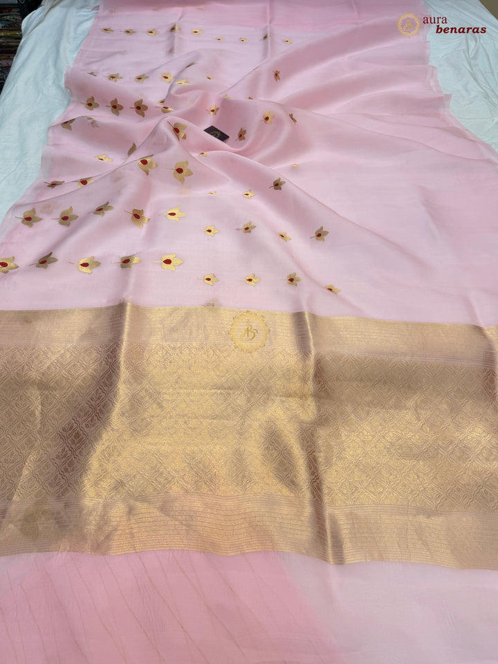 Baby Pink Pure Kora Silk Banarasi Saree with Kadhwa Meenakari Lotus