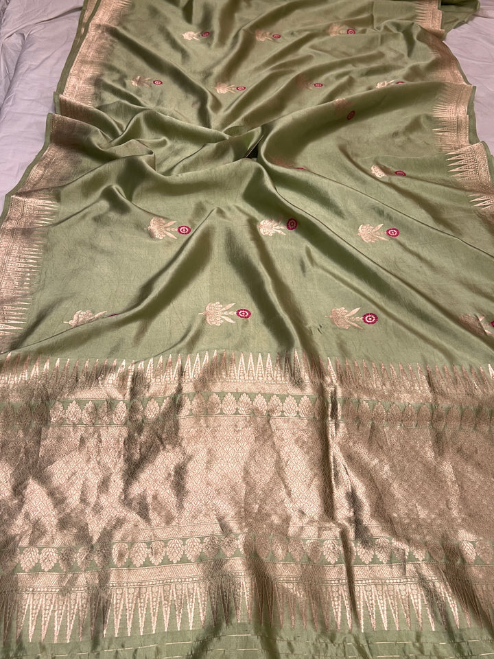 Basil Green Pure Banarasi Handloom Silk Saree | Aura Benaras