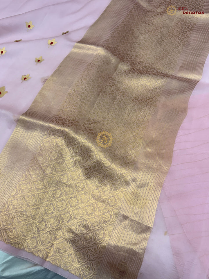 Baby Pink Pure Kora Silk Banarasi Saree with Kadhwa Meenakari Lotus