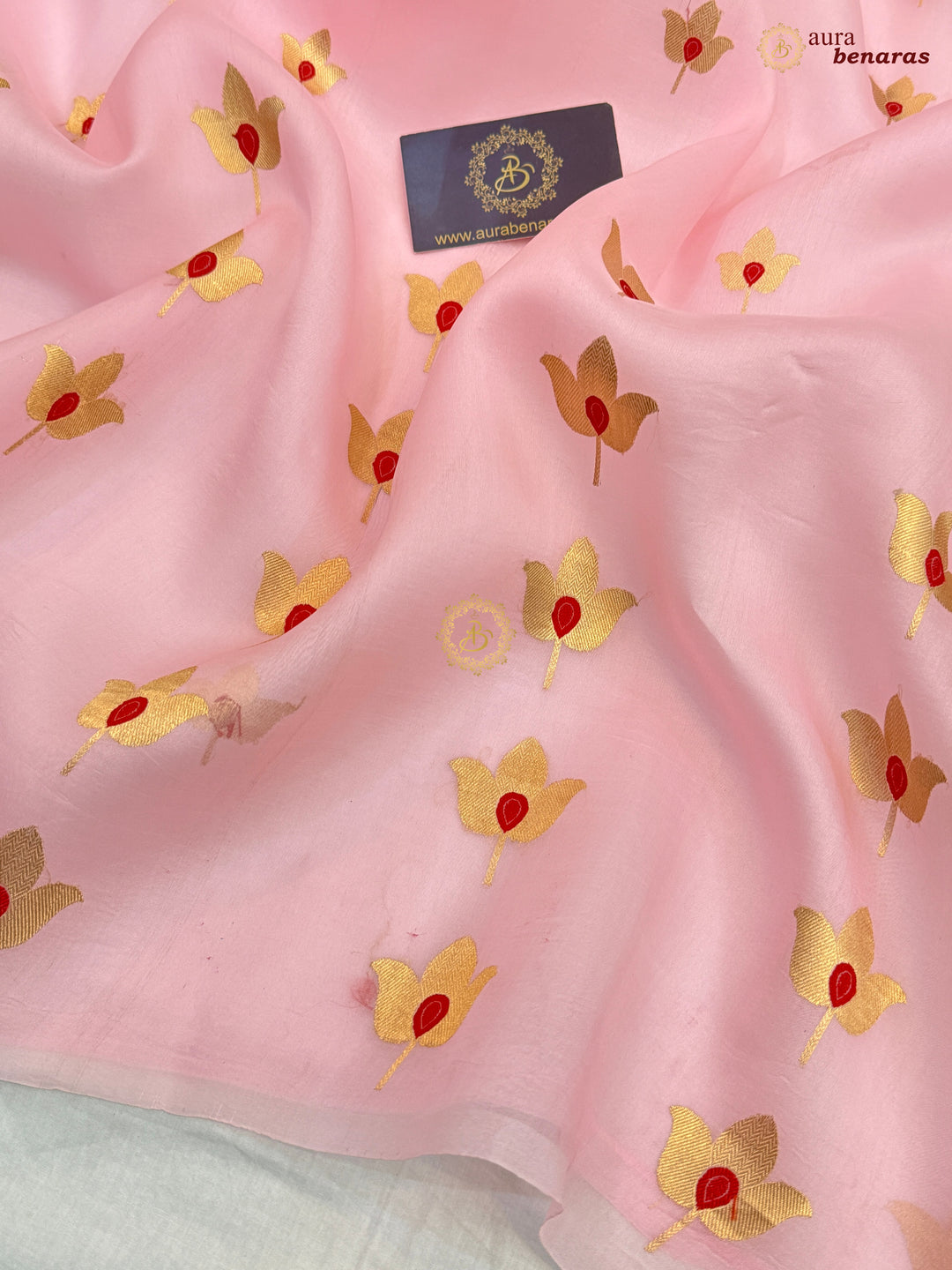 Baby Pink Pure Kora Silk Banarasi Saree with Kadhwa Meenakari Lotus