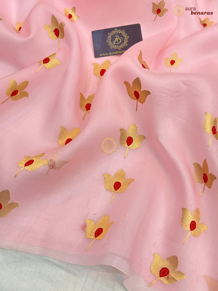 Baby Pink Pure Kora Silk Banarasi Saree with Kadhwa Meenakari Lotus