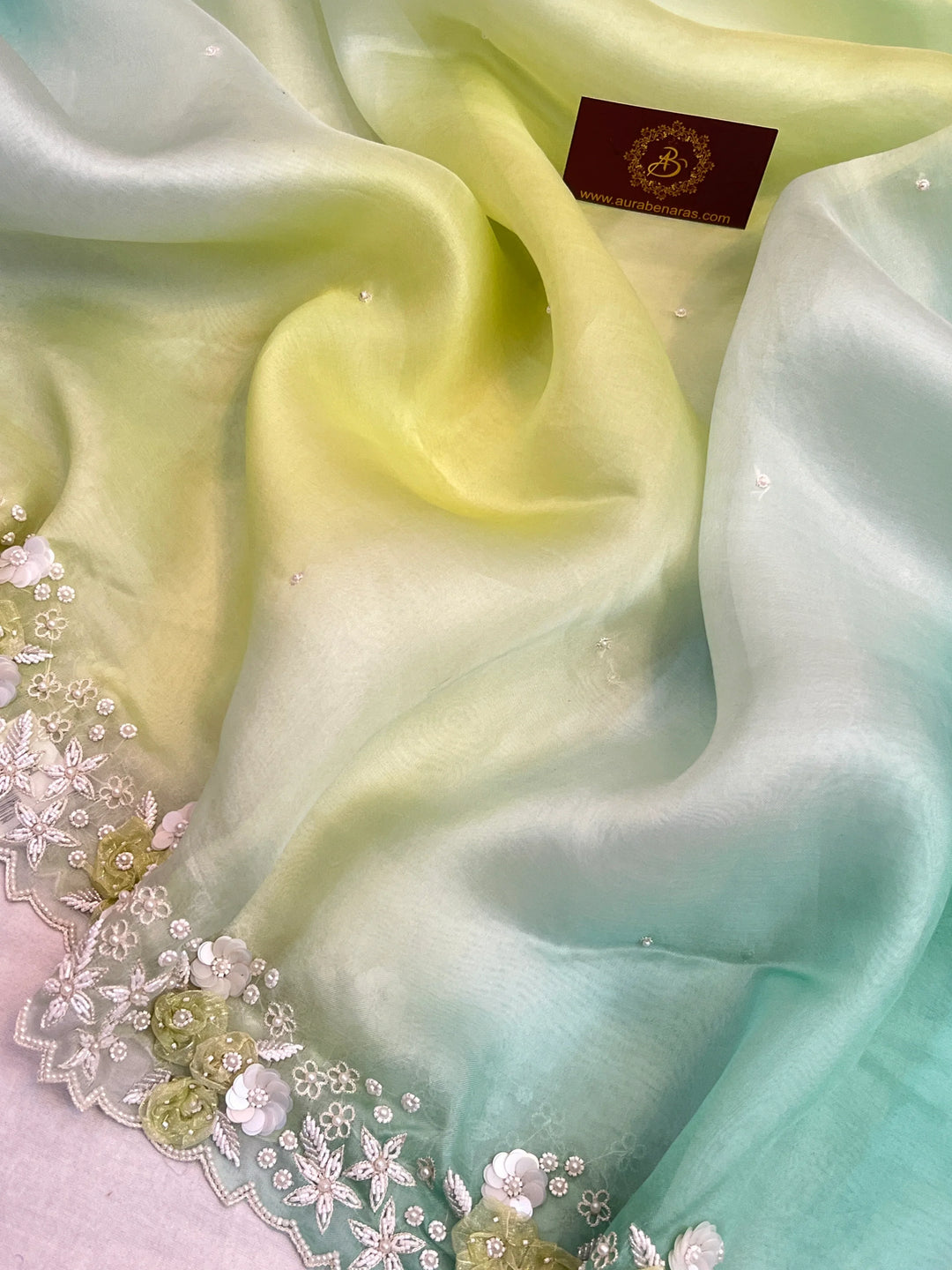 Pista Green Shaded Pure Kora Silk Saree - Aura Benaras