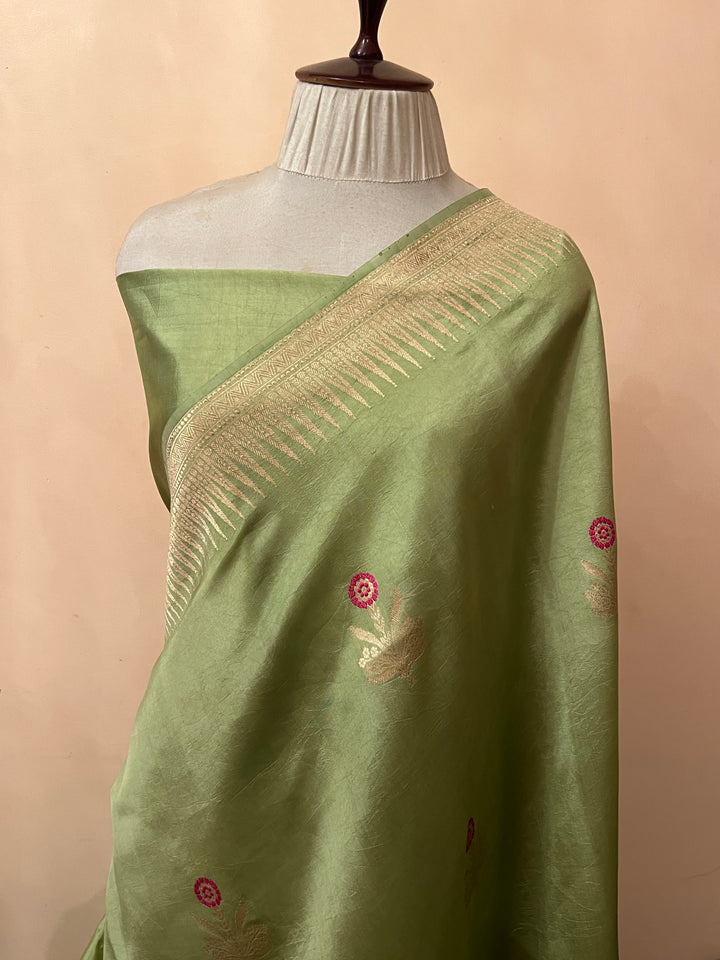 Basil Green Pure Banarasi Handloom Silk Saree | Aura Benaras