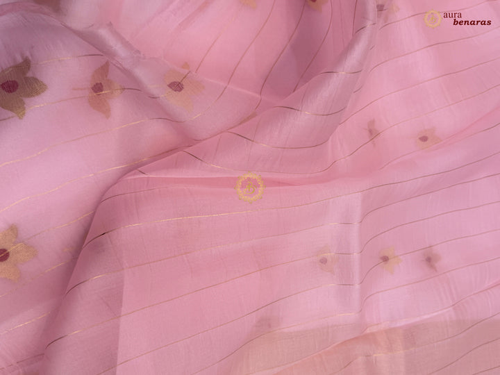 Baby Pink Pure Kora Silk Banarasi Saree with Kadhwa Meenakari Lotus