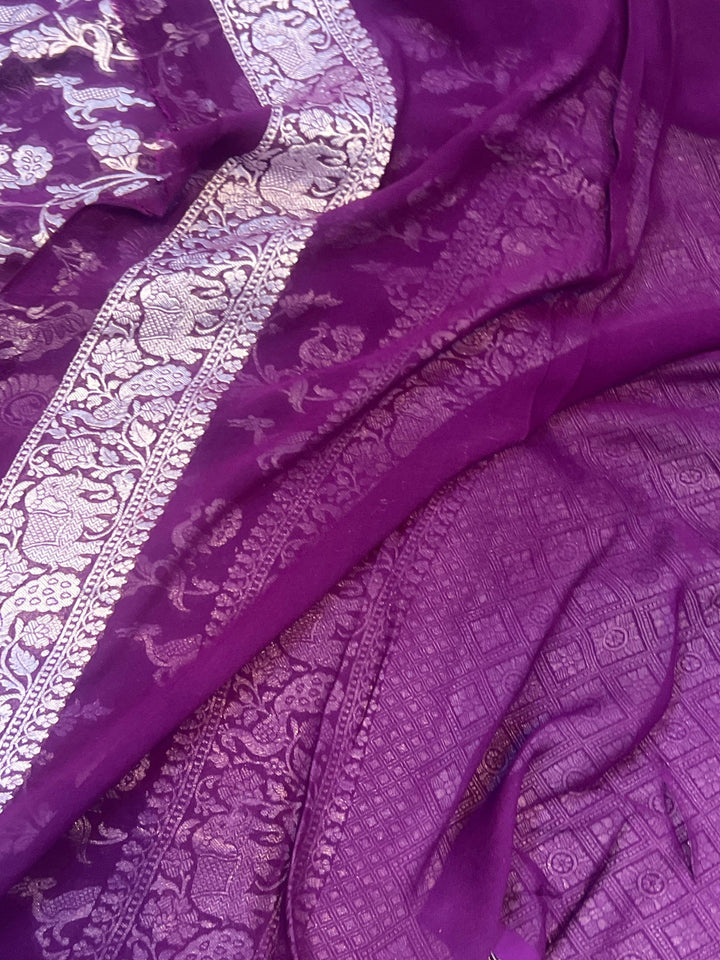 Deep Purple Pure Banarasi Khaddi Georgette Saree - Aura Benaras