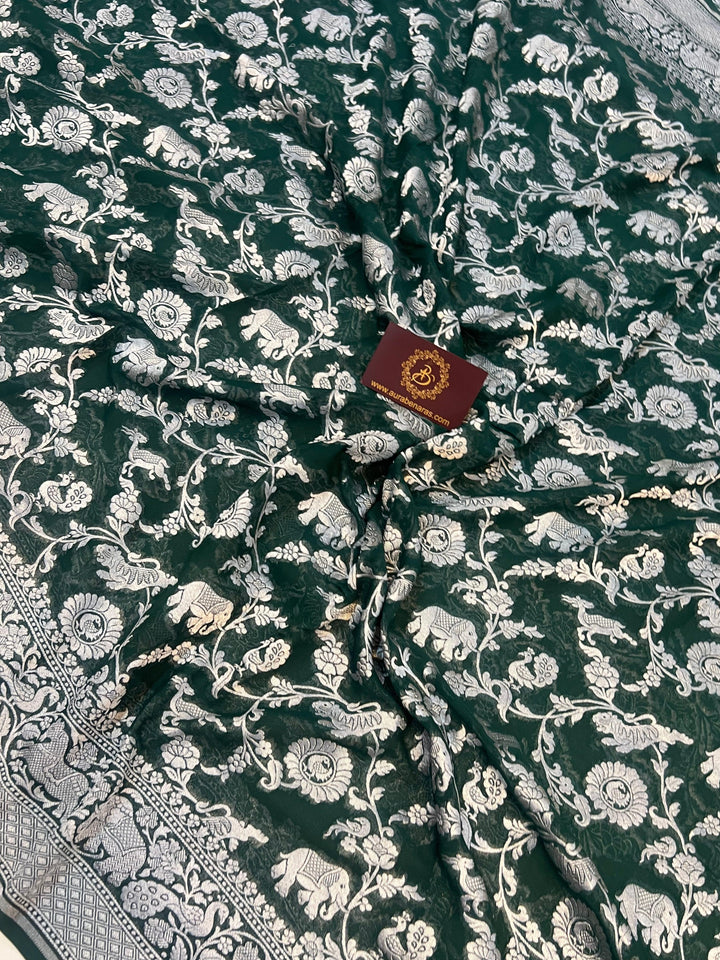 Bottle Green Pure Banarasi Khaddi Georgette Saree - Aura Benaras