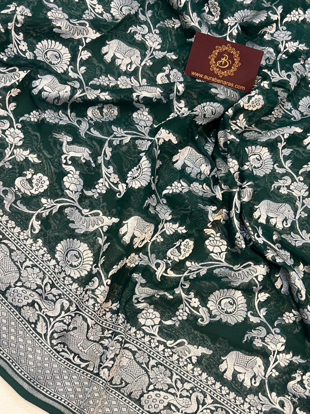 Bottle Green Pure Banarasi Khaddi Georgette Saree - Aura Benaras