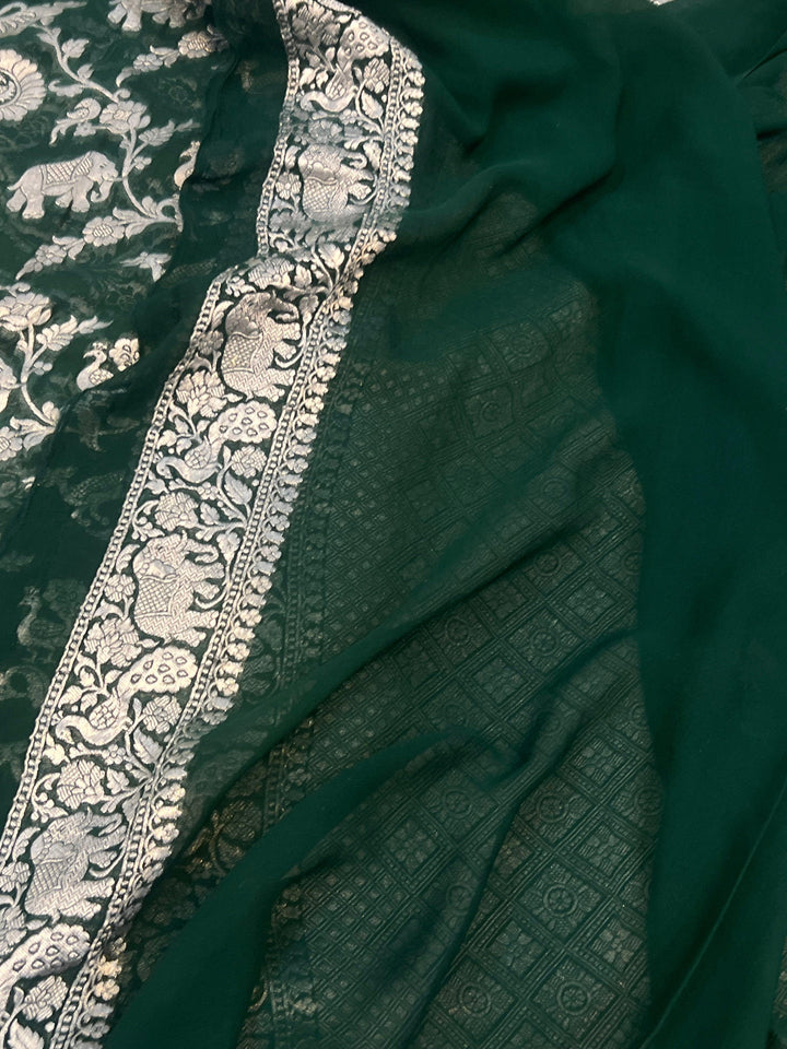 Bottle Green Pure Banarasi Khaddi Georgette Saree - Aura Benaras