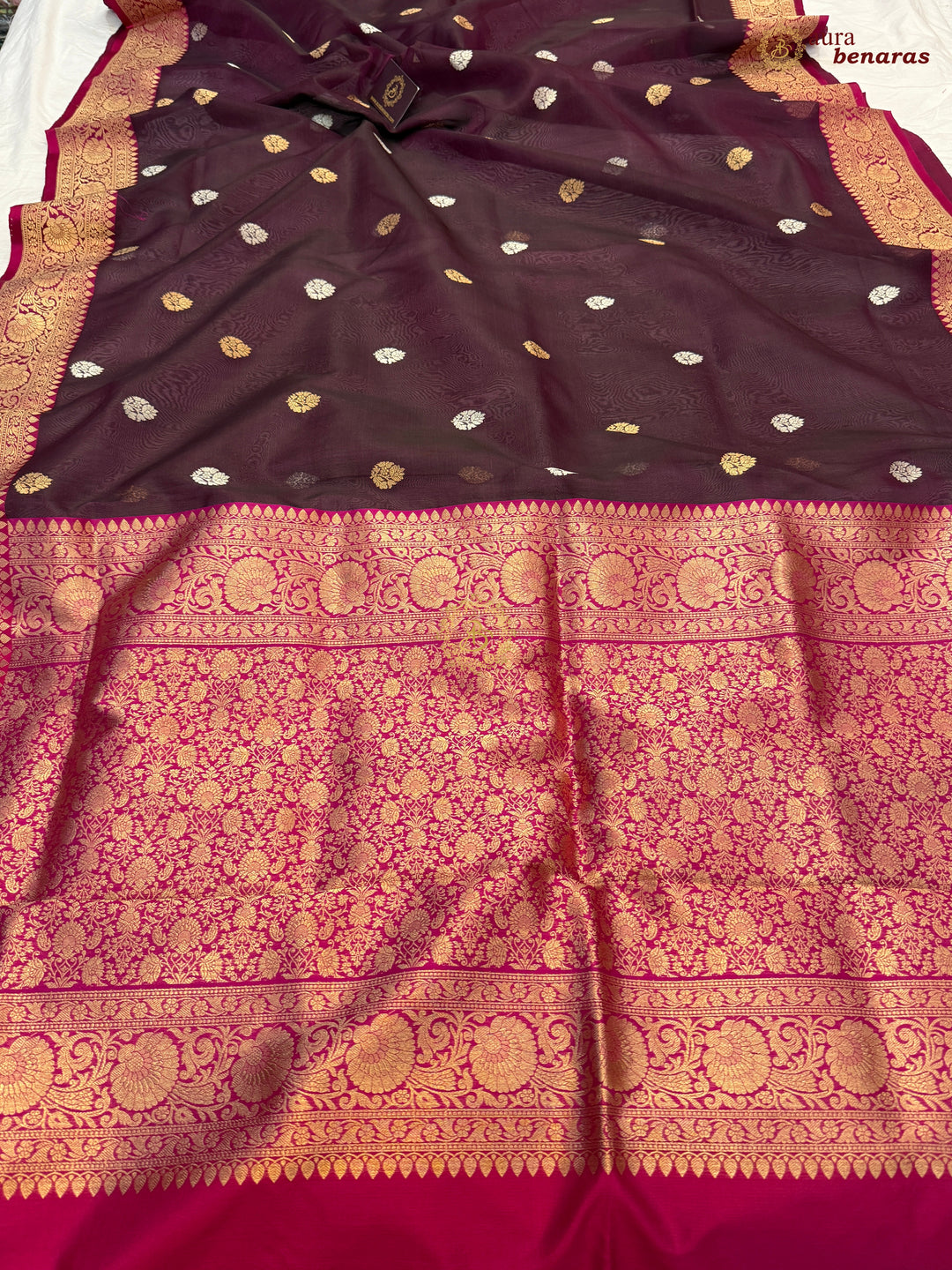 Wine Banarasi Handloom Kora Silk Saree