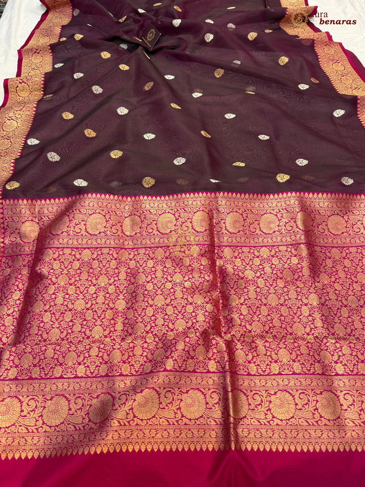 Wine Banarasi Handloom Kora Silk Saree
