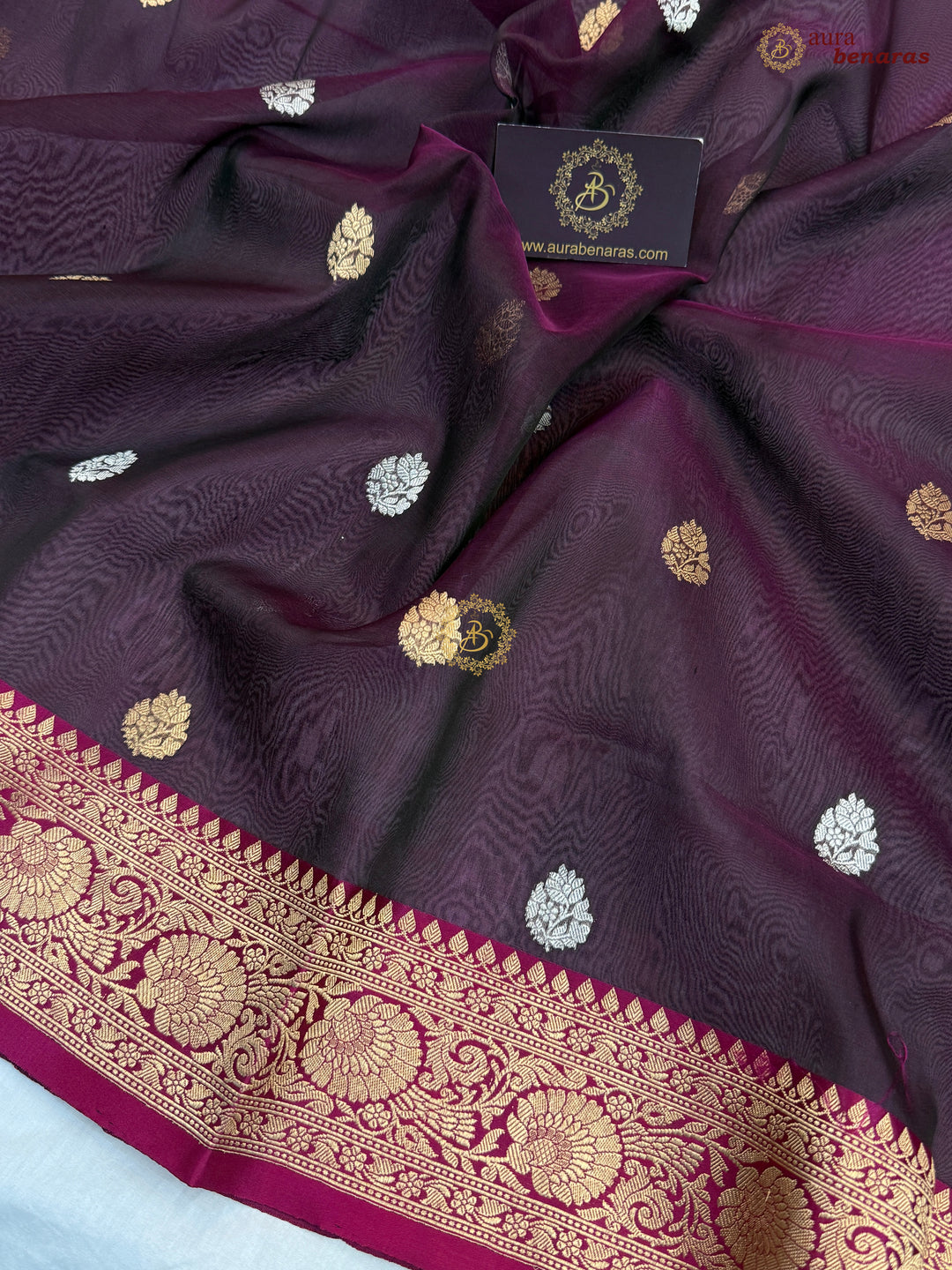 Wine Banarasi Handloom Kora Silk Saree