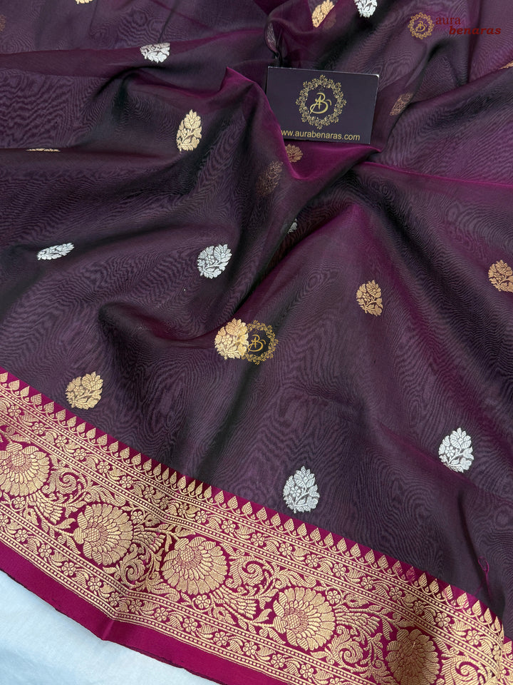 Wine Banarasi Handloom Kora Silk Saree