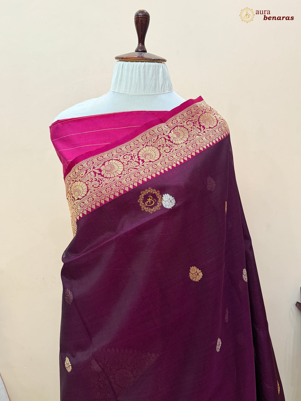 Wine Banarasi Handloom Kora Silk Saree