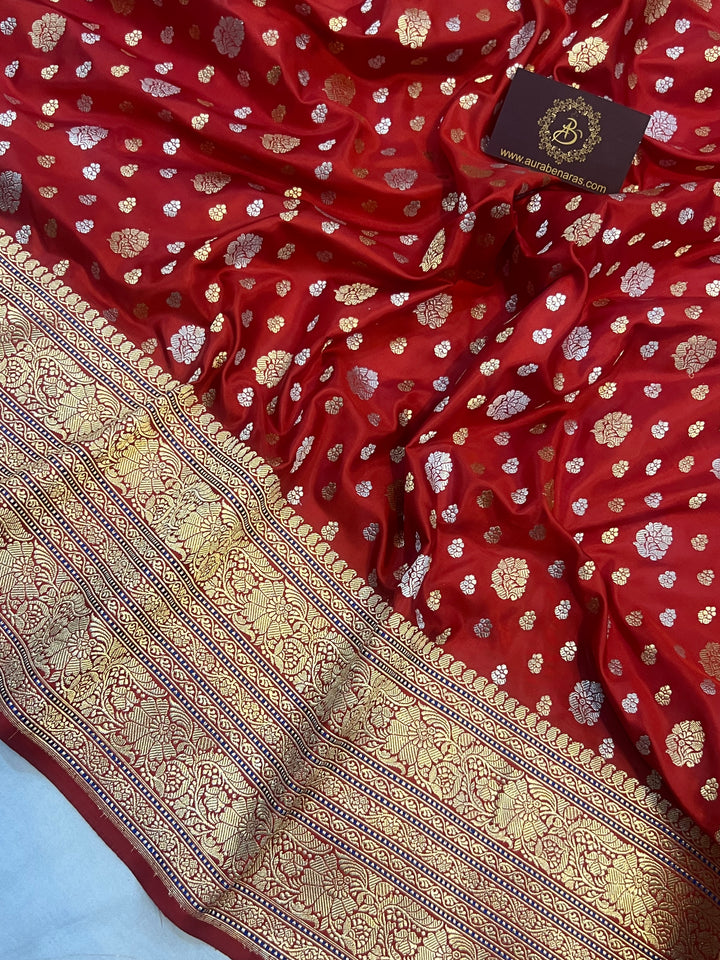 Deep Red Pure Banarasi Handloom Katan Silk Saree