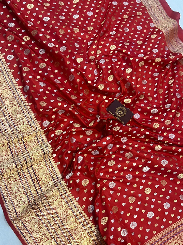 Deep Red Pure Banarasi Handloom Katan Silk Saree