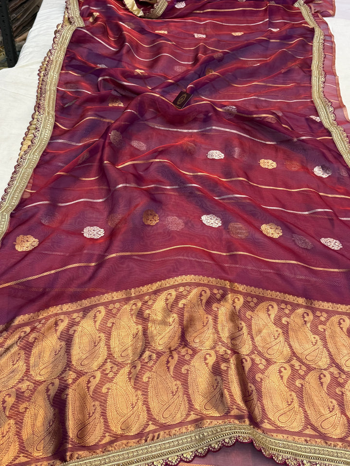 Wine Pure Banarasi Handloom Tissue Silk Saree