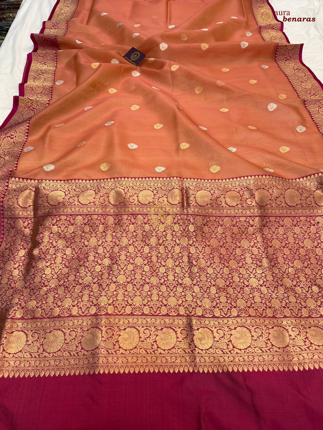 Peach Banarasi Handloom Kora Silk Saree
