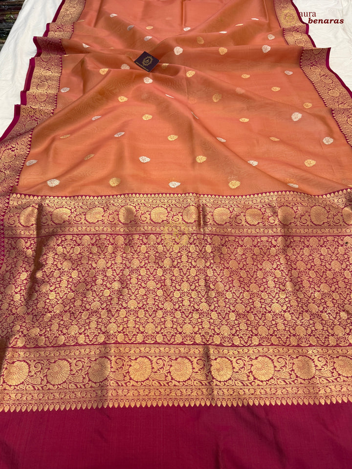 Peach Banarasi Handloom Kora Silk Saree