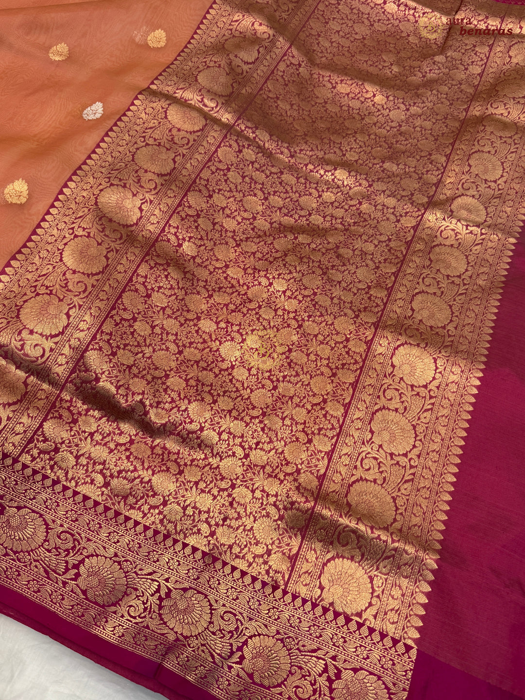 Peach Banarasi Handloom Kora Silk Saree