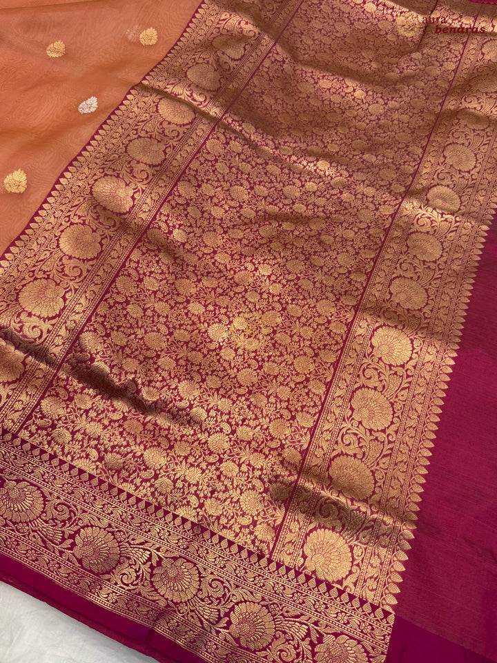 Peach Banarasi Handloom Kora Silk Saree