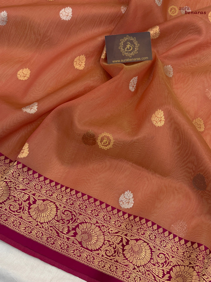 Peach Banarasi Handloom Kora Silk Saree