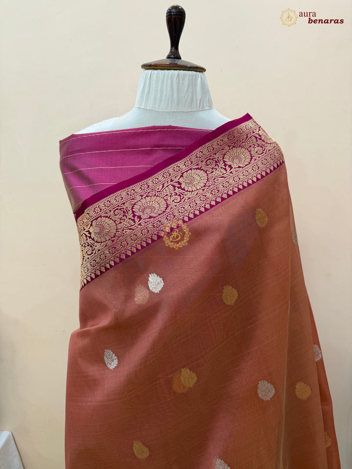 Peach Banarasi Handloom Kora Silk Saree