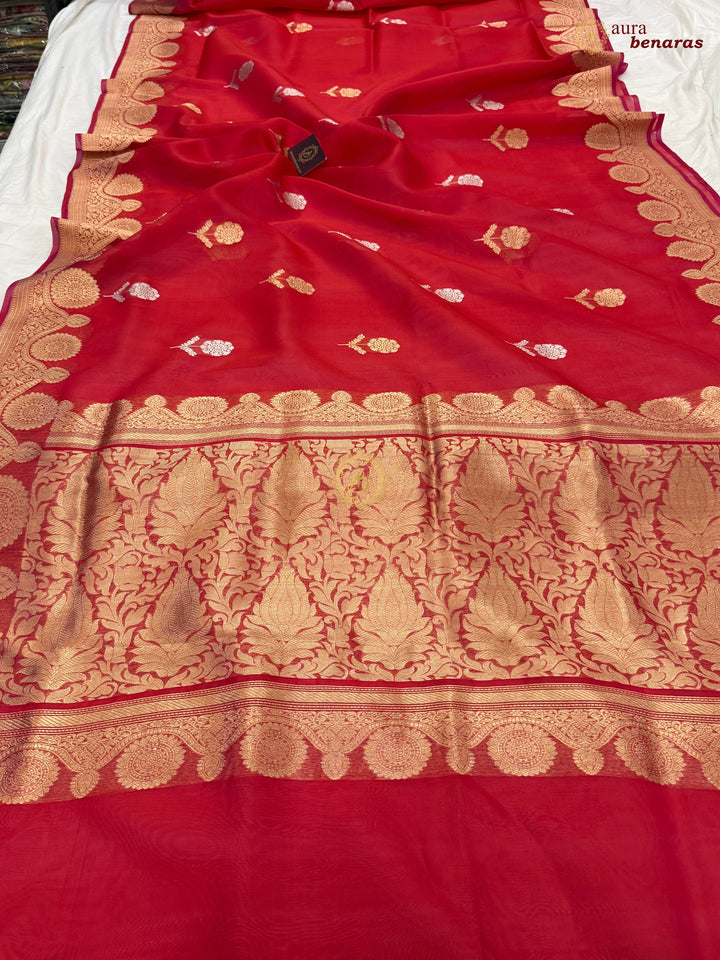 Hot Pink Pure Banarasi Handloom Kora Silk Saree