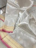 White Banarasi Handloom Organza Tissue Silk Saree - Aura Benaras