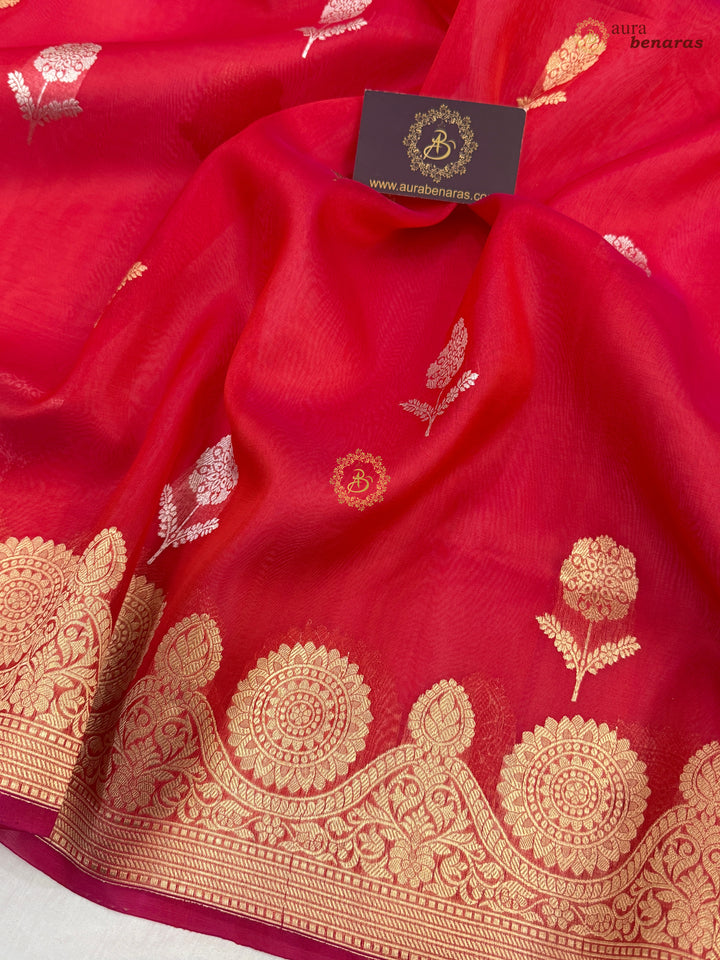 Hot Pink Pure Banarasi Handloom Kora Silk Saree