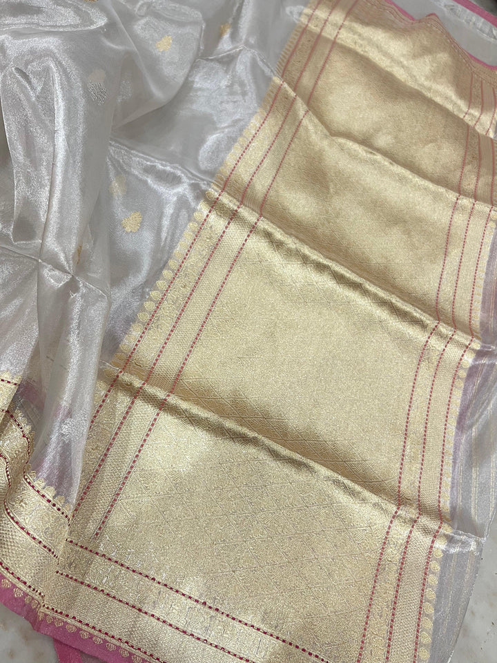 White Banarasi Handloom Organza Tissue Silk Saree - Aura Benaras
