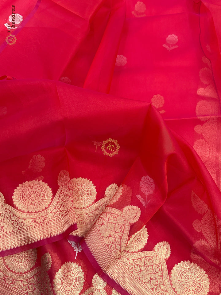 Hot Pink Pure Banarasi Handloom Kora Silk Saree