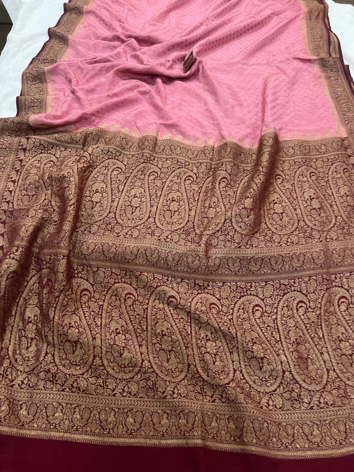 Onion Pink Pure Banarasi Khaddi Crepe Silk Saree - Aura Benaras