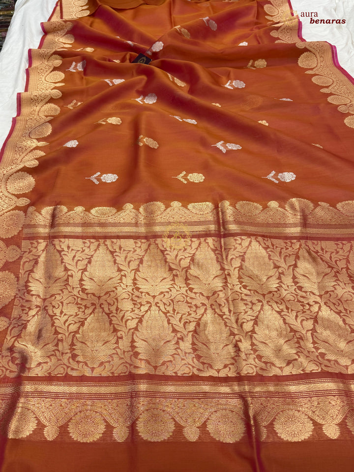 Rust Orange Pure Banarasi Handloom Kora Silk Saree