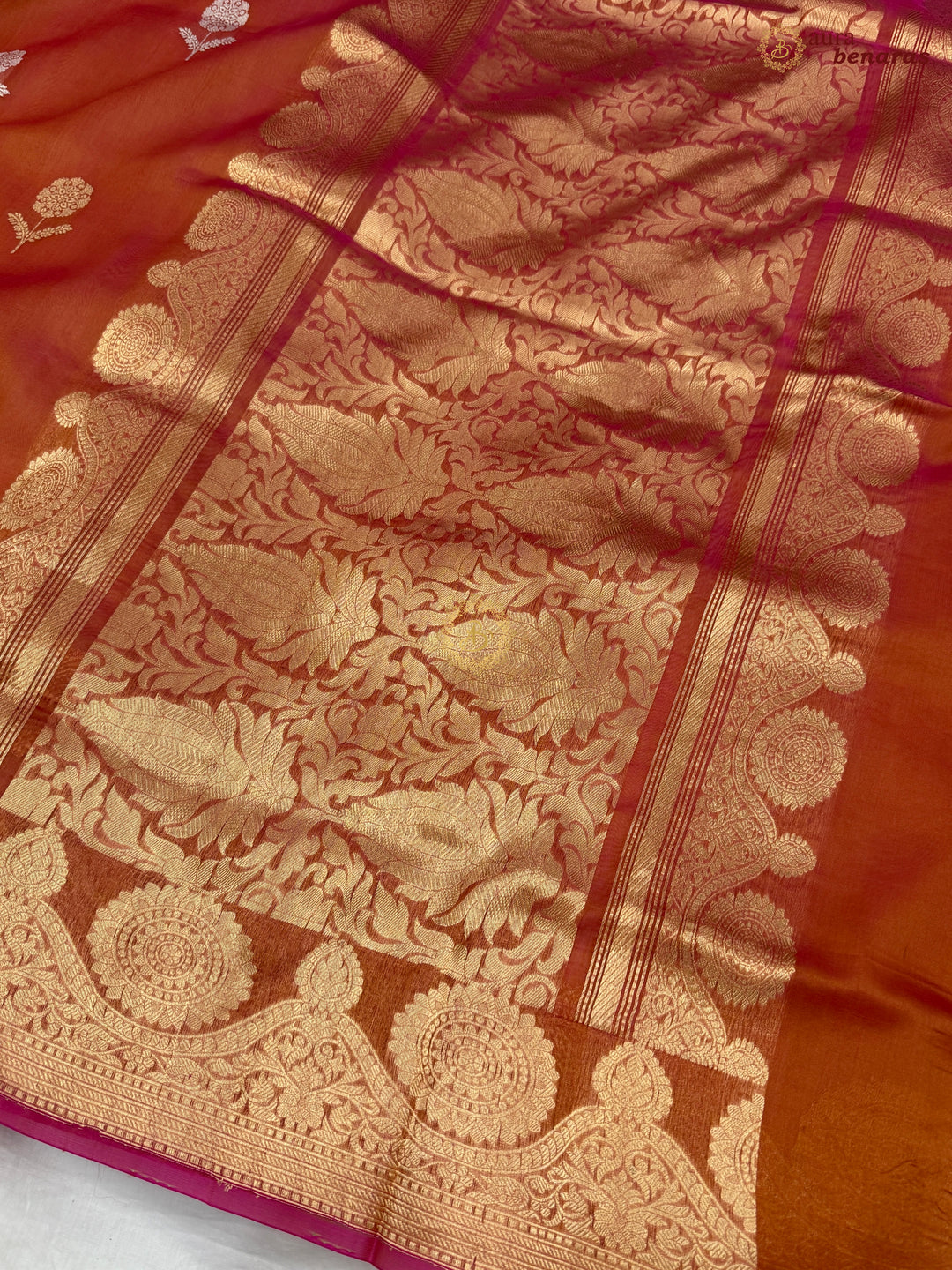 Rust Orange Pure Banarasi Handloom Kora Silk Saree