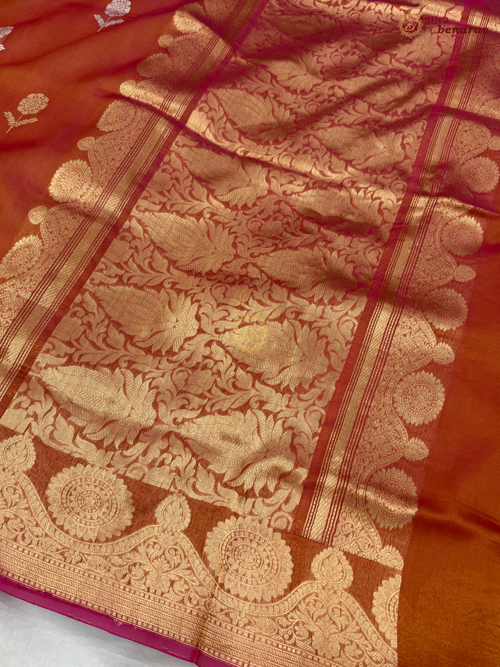 Rust Orange Pure Banarasi Handloom Kora Silk Saree