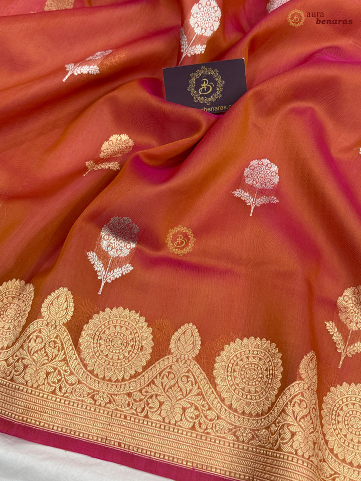 Rust Orange Pure Banarasi Handloom Kora Silk Saree