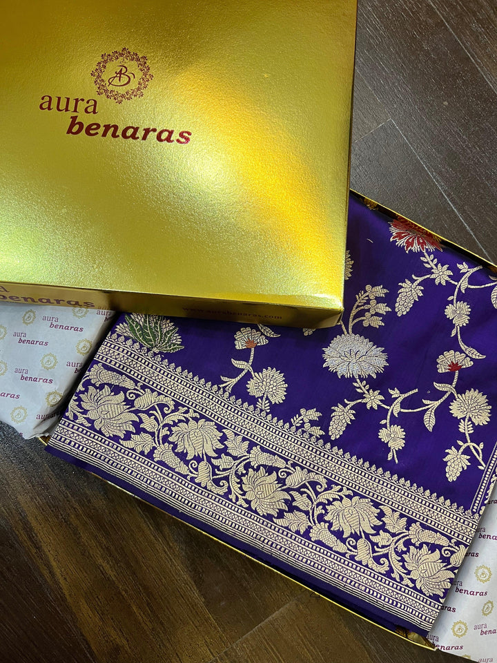 Colorful Meenakari Jaal work on Banarasi Katan silk saree with handwoven floral motifs