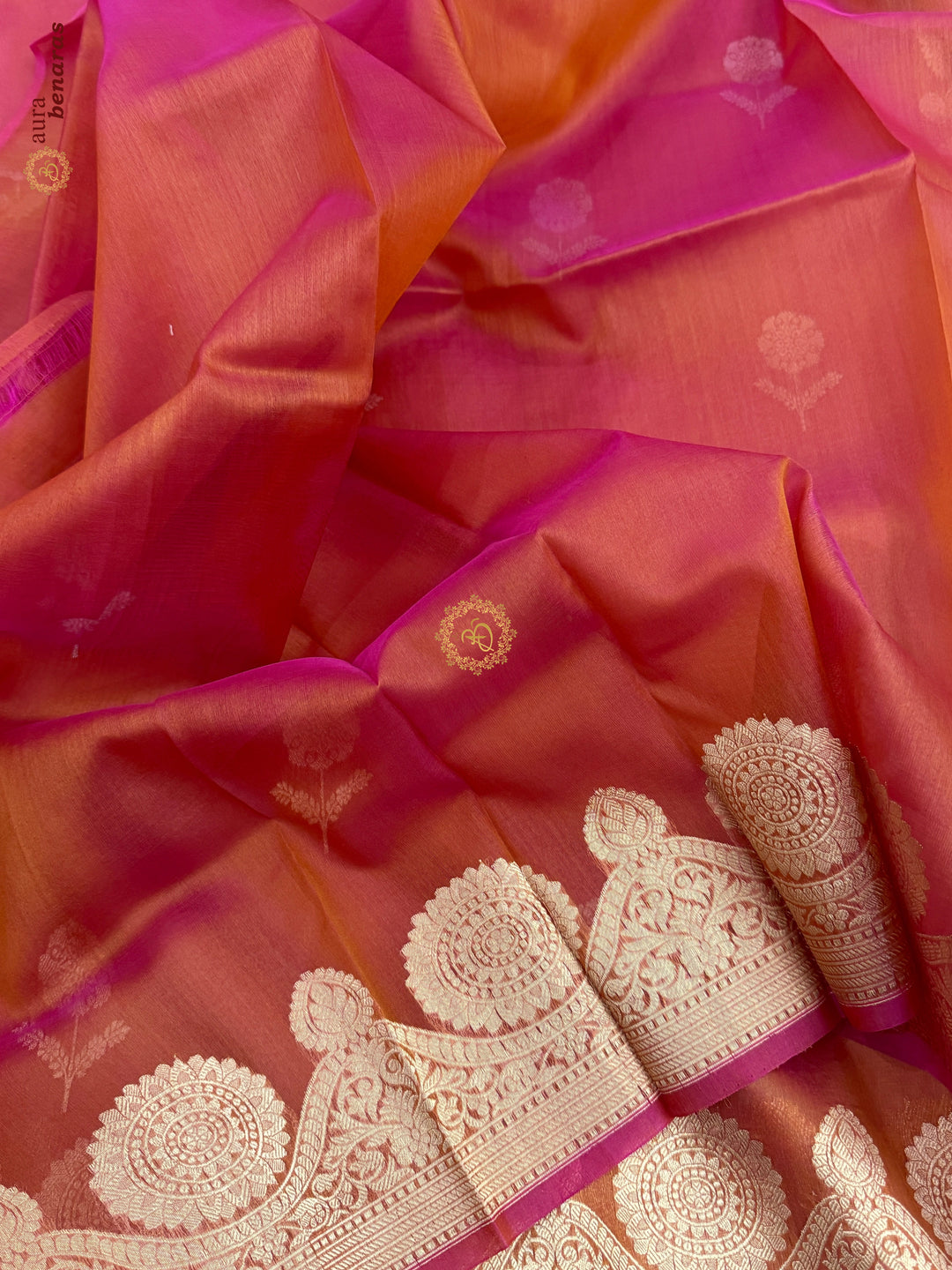 Rust Orange Pure Banarasi Handloom Kora Silk Saree