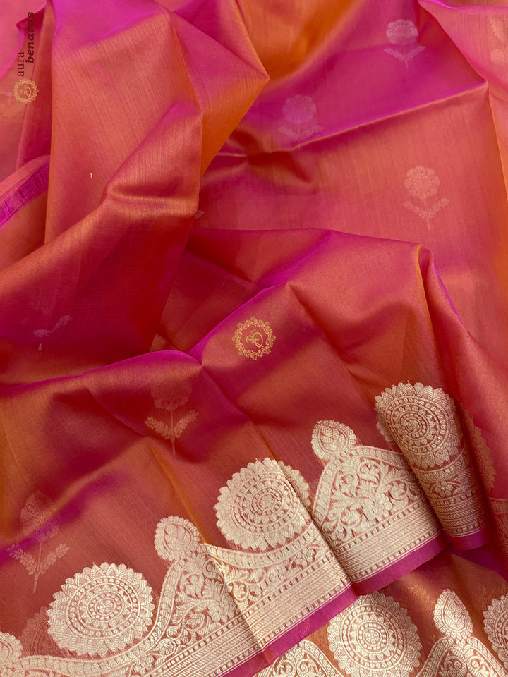Rust Orange Pure Banarasi Handloom Kora Silk Saree