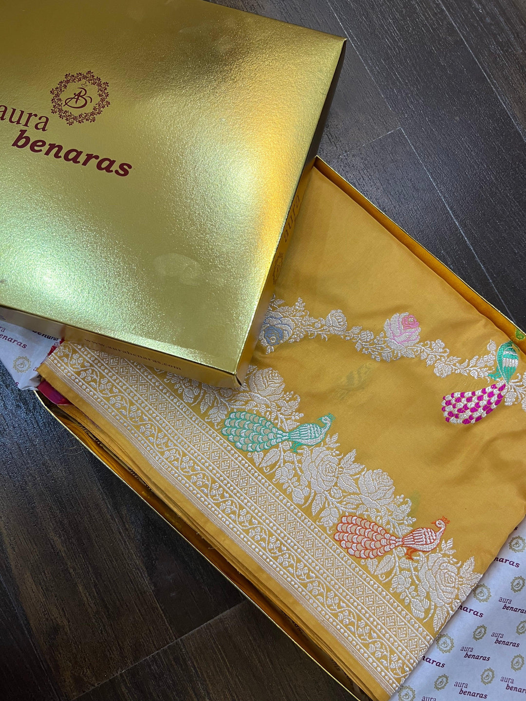 English Yellow Pure Banarasi Handloom Katan Silk Saree - Aura Benaras