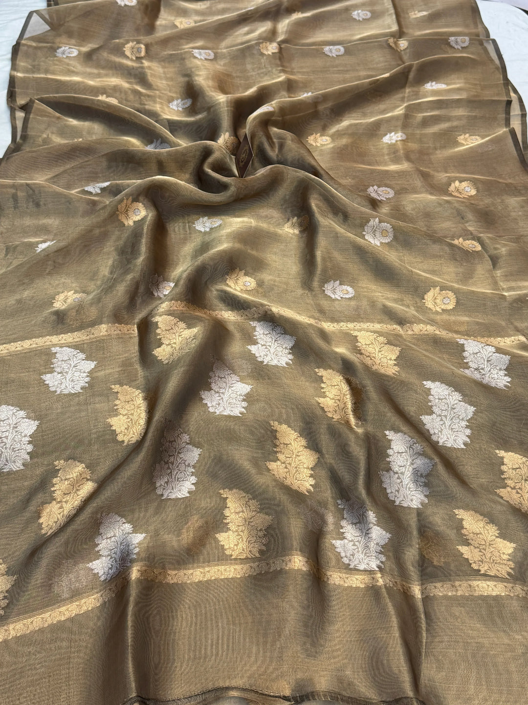 Bottle Green Pure Tissue Silk Handloom Banarasi Saree