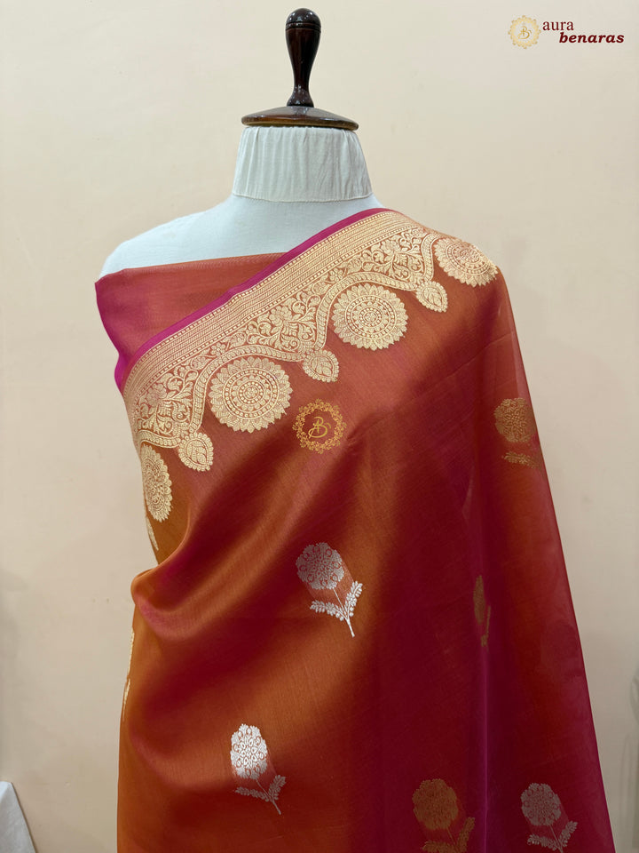 Rust Orange Pure Banarasi Handloom Kora Silk Saree