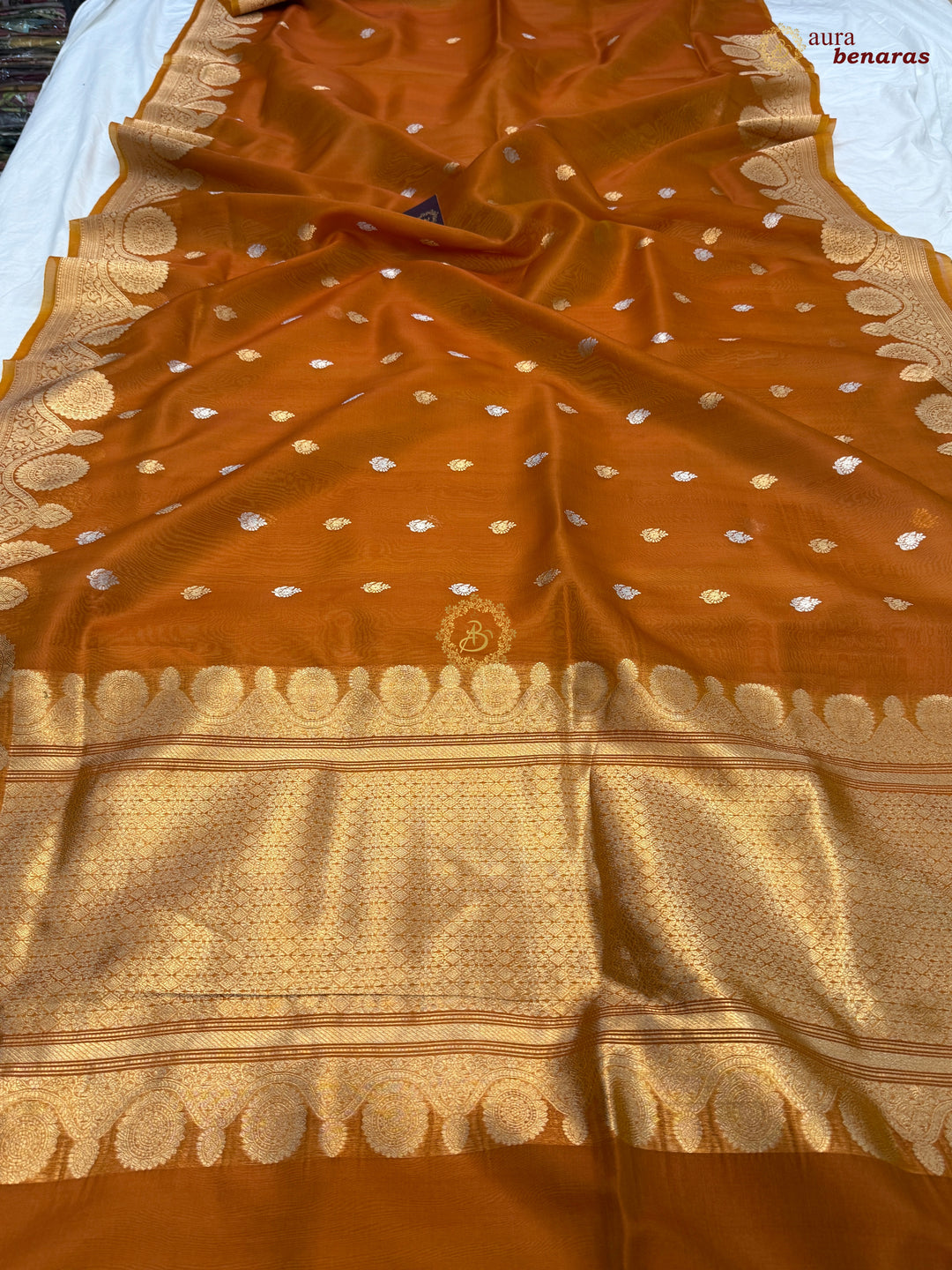 Fanta Orange Pure Banarasi Handloom Kora Silk Saree