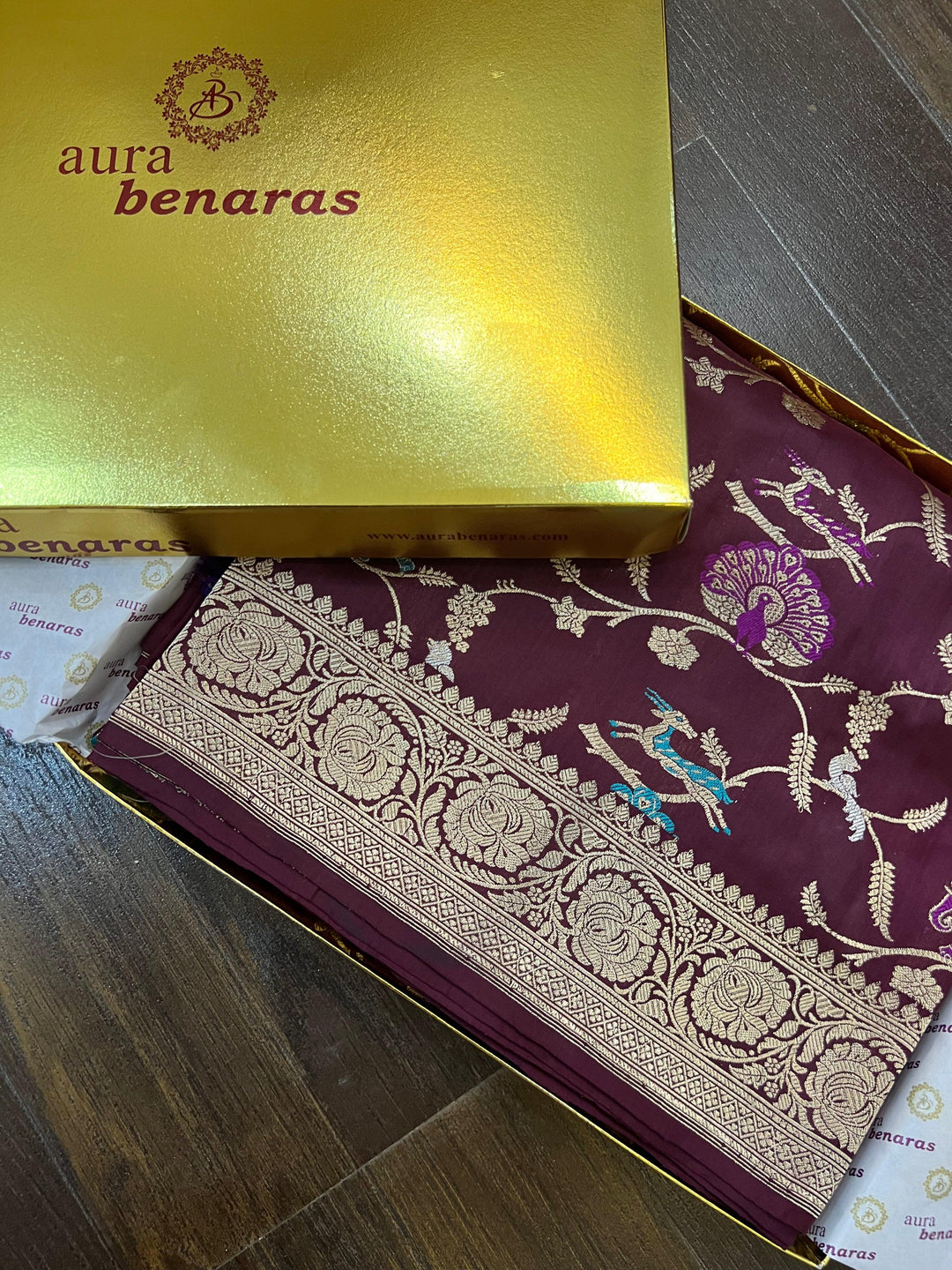 Pure Banarasi handloom Katan silk saree showcasing Shikargah motifs with Meenakari detailing and Kadhwa weaving