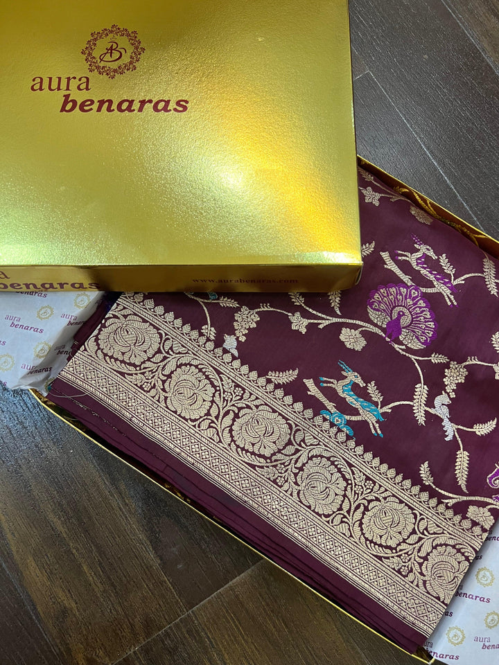 Pure Banarasi handloom Katan silk saree showcasing Shikargah motifs with Meenakari detailing and Kadhwa weaving