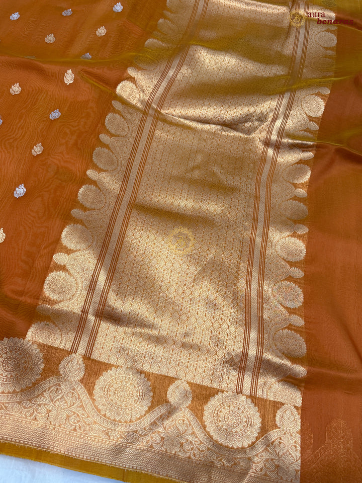 Fanta Orange Pure Banarasi Handloom Kora Silk Saree