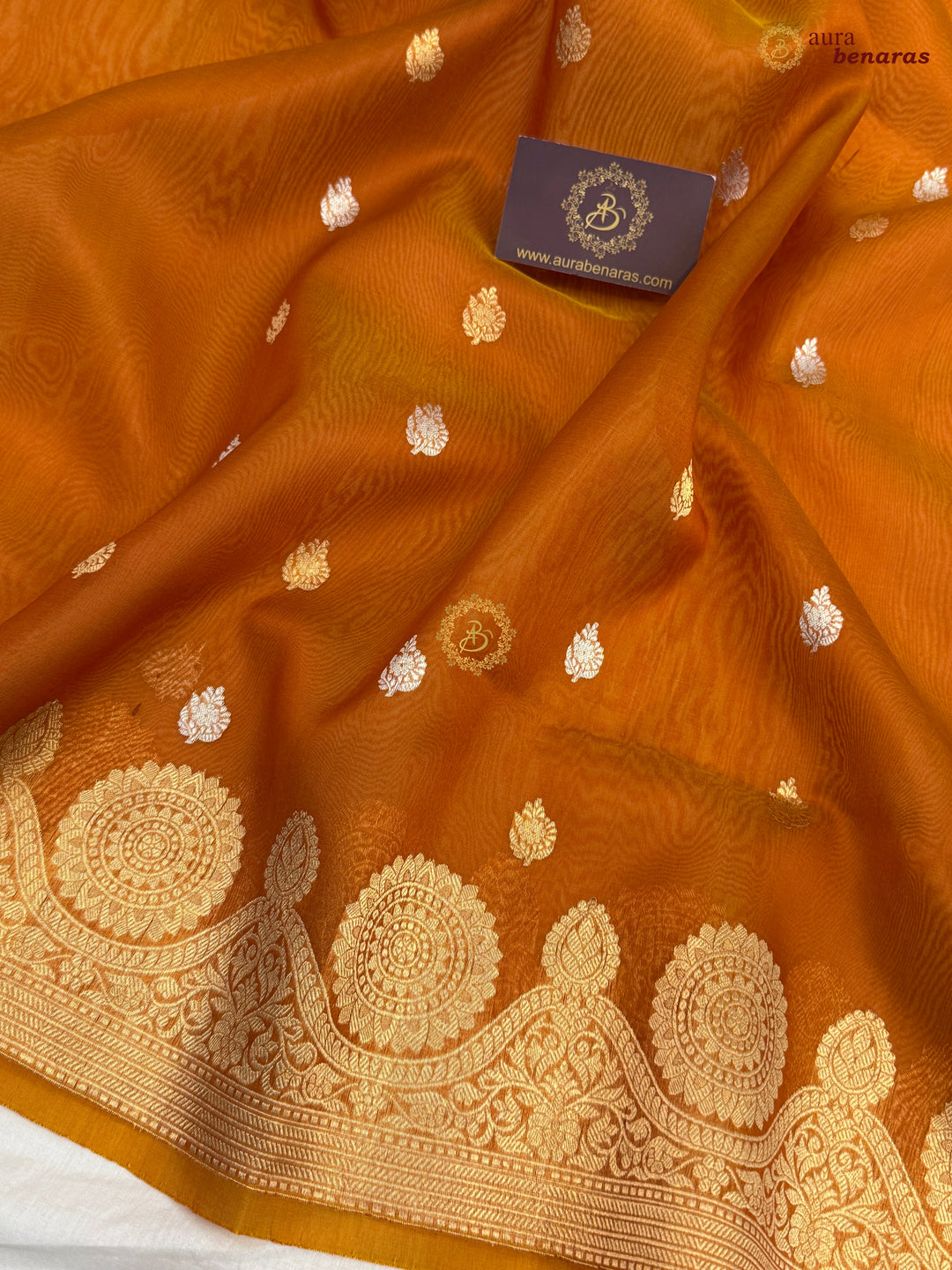 Fanta Orange Pure Banarasi Handloom Kora Silk Saree