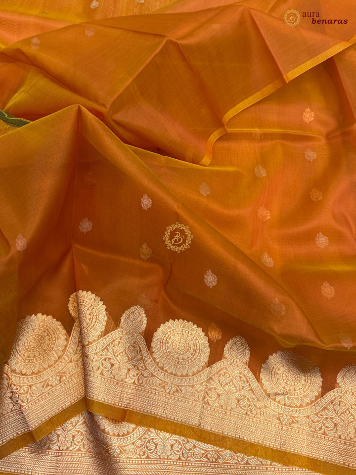 Fanta Orange Pure Banarasi Handloom Kora Silk Saree