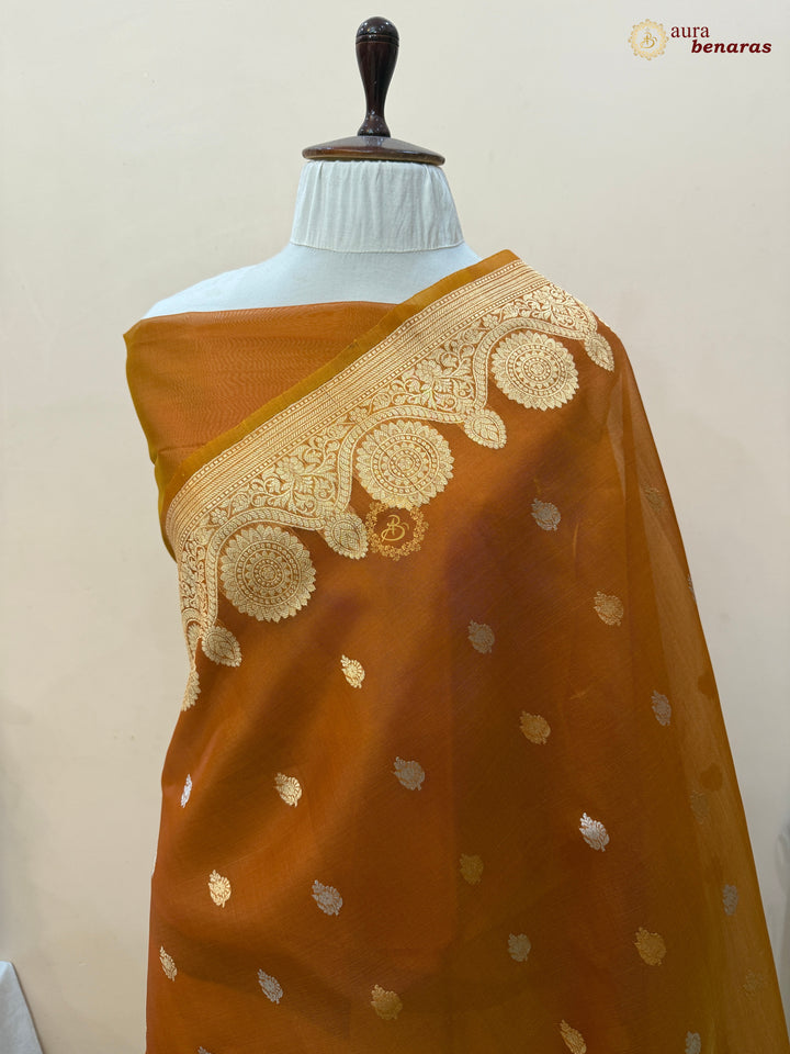 Fanta Orange Pure Banarasi Handloom Kora Silk Saree