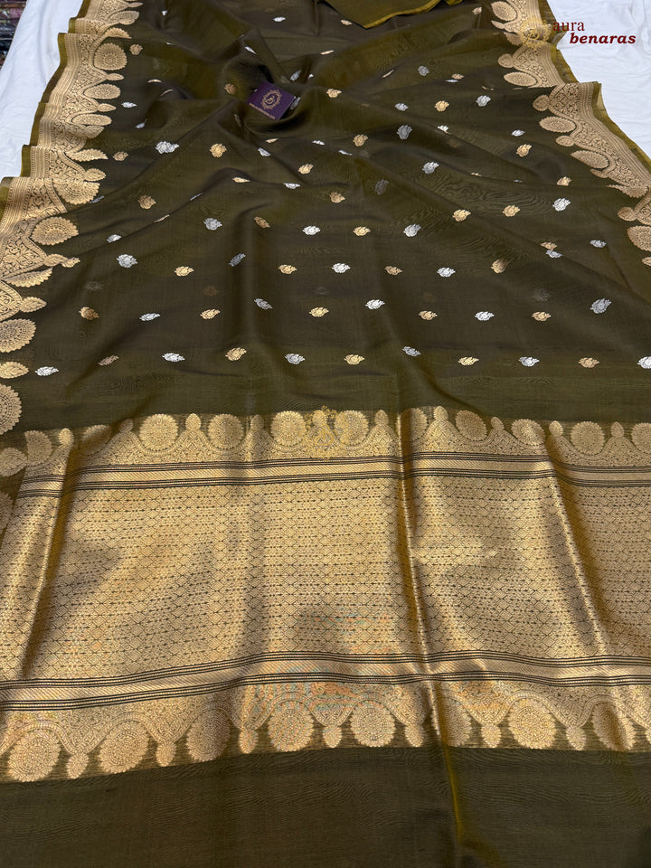 Mehendi Green Pure Banarasi Handloom Kora Silk Saree